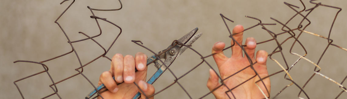 Refugees - Hands with clippers cut chain link fence.