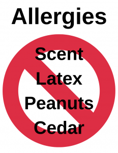 Headline text says "Allergies" with lower text crossed out in red that says "scent, latex, peanuts, cedar"