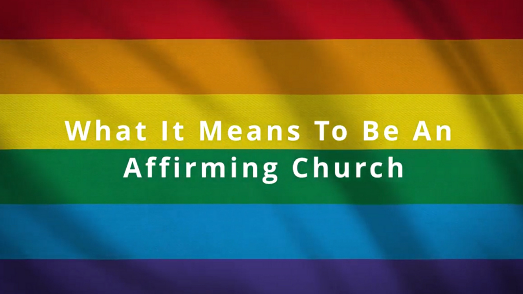 The thumbnail for Harcourt's "What It Means To Be An Affirming Church" video featuring a Pride flag.